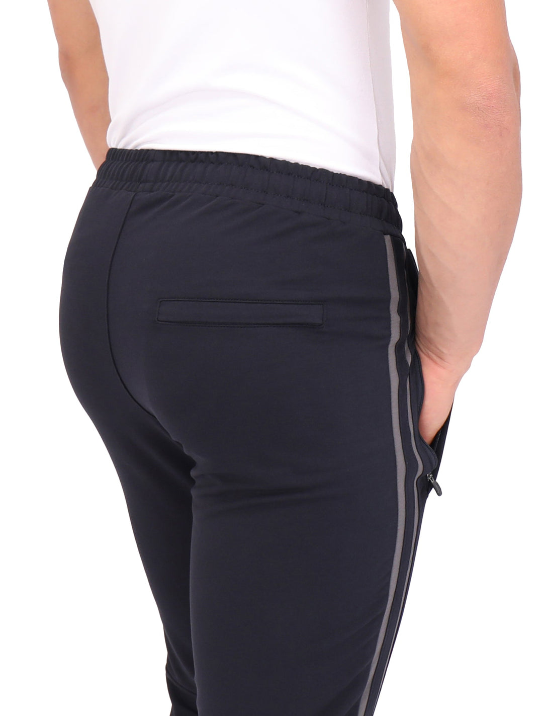 Flex jogger sweatpants side pocket and drawstring waistband, dark fabric with grey stripe