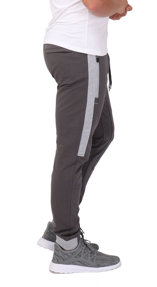 Infinite Flex Jogger TALL angled view: dark grey with light grey side stripe and zip pocket