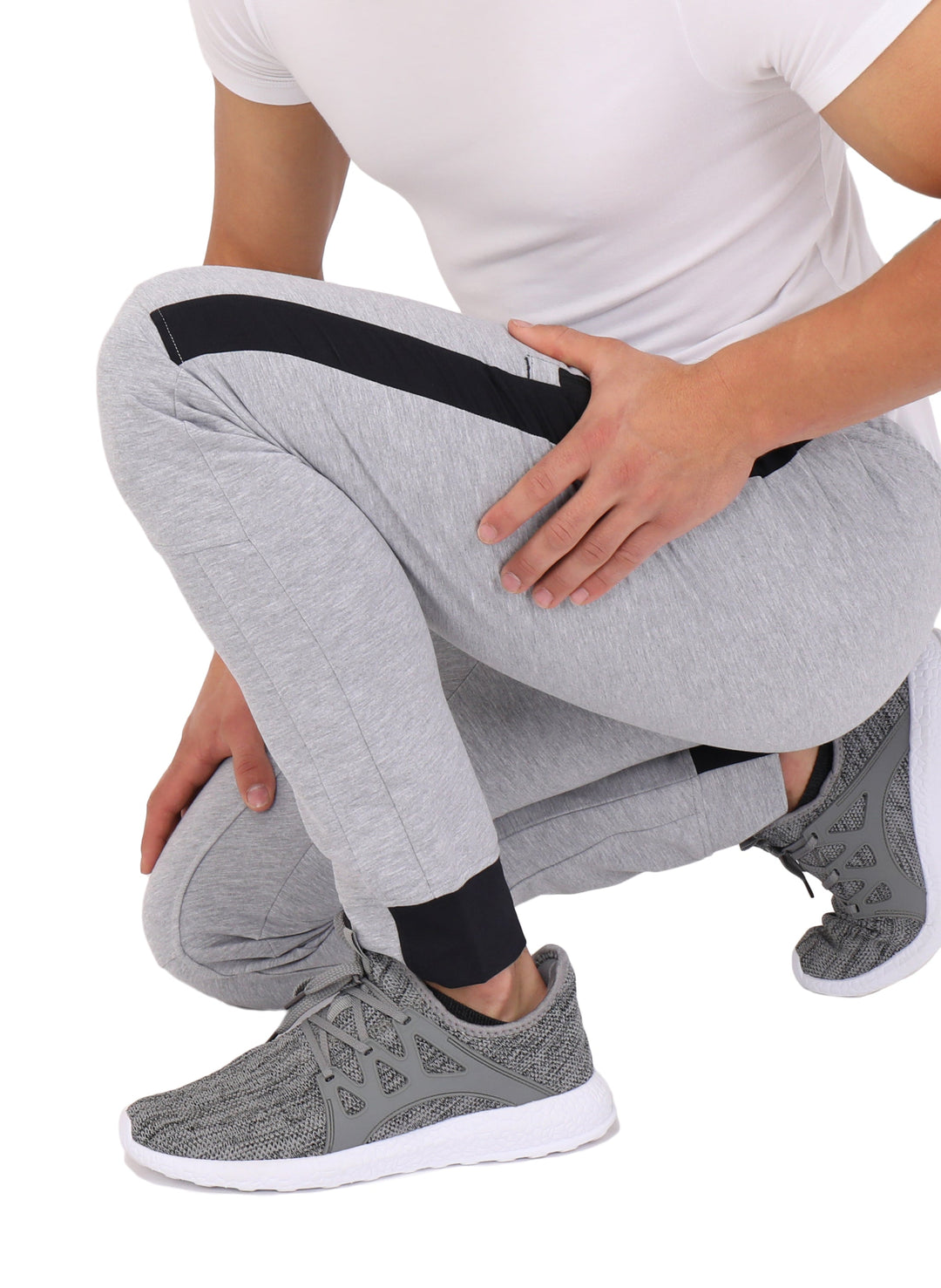 Infinite Flex Jogger TALL in light grey heather with black side stripe, elastic cuffs