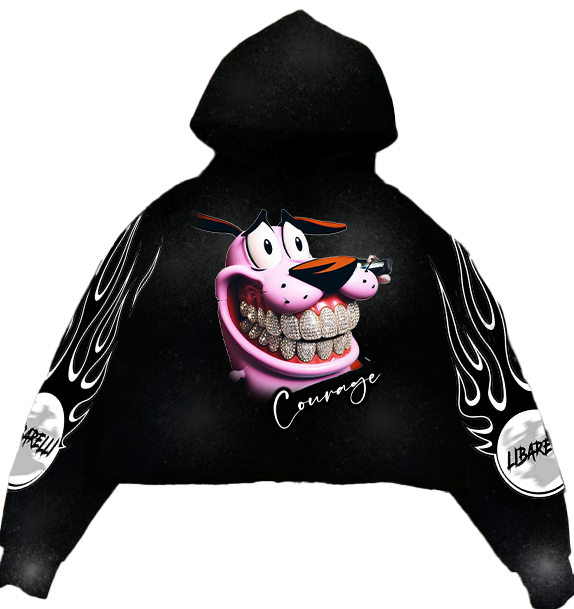 Courage Hoodie black with hood, large “Courage” print and flame graphics on sleeves