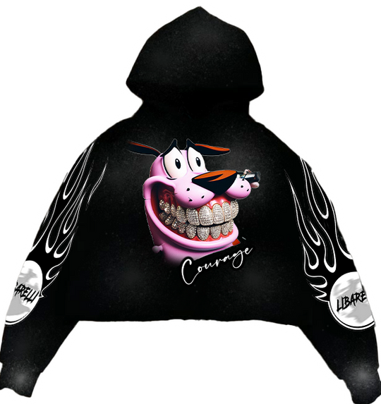 Courage Hoodie black with hood, large “Courage” print and flame graphics on sleeves