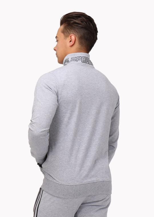 All-Day Comfort Full Zip Sweatshirt gris chiné vue de dos, col logo et poche latérale