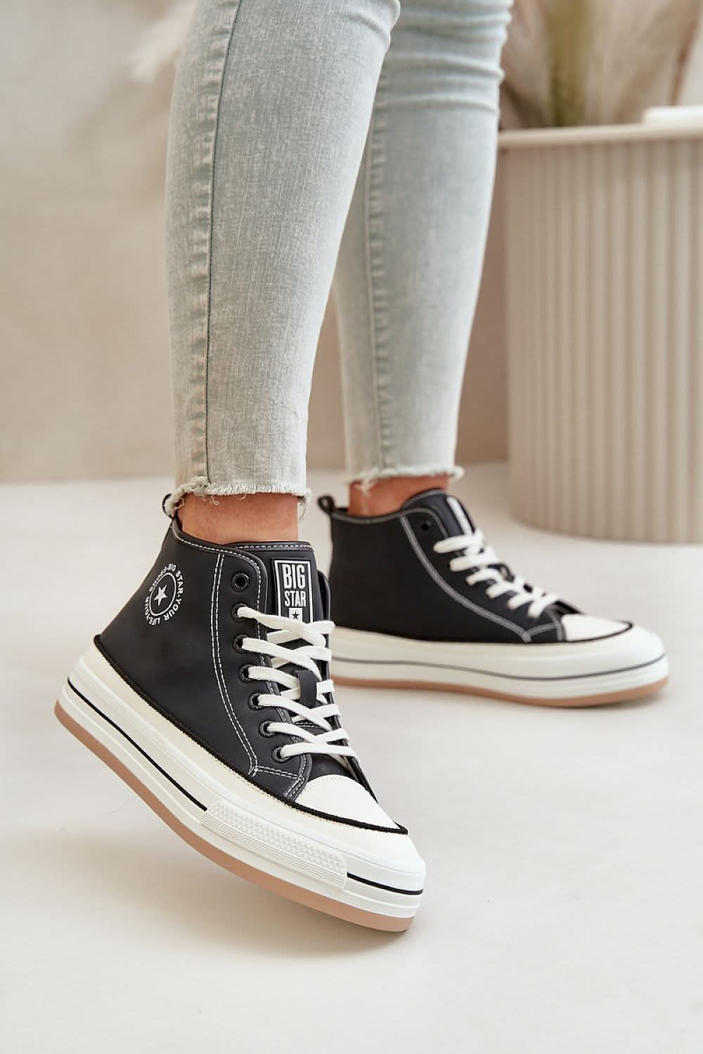 Black suede high-top sneakers with white laces and “Big Star” label patch.