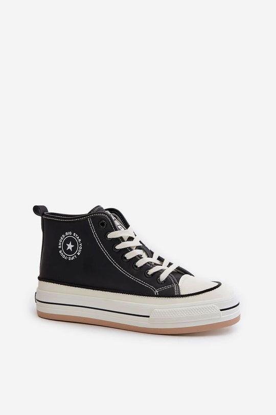 Black suede high-top sneakers with white laces, side “Big Star” emblem, sole.