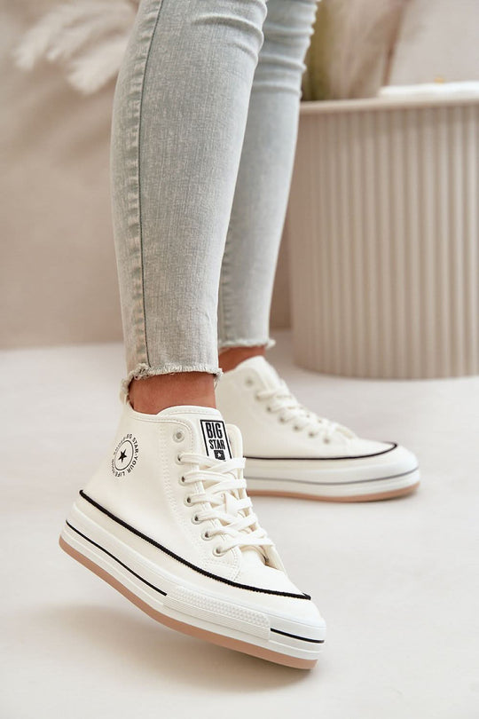 White suede high-top sneakers with lace-up front and “Big Star” patch.