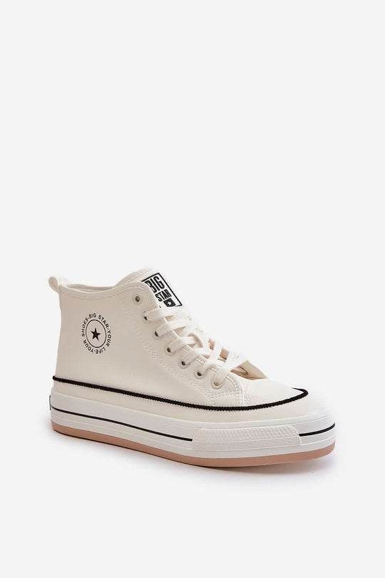White suede high-top sneakers with white laces and black side trim stripe.