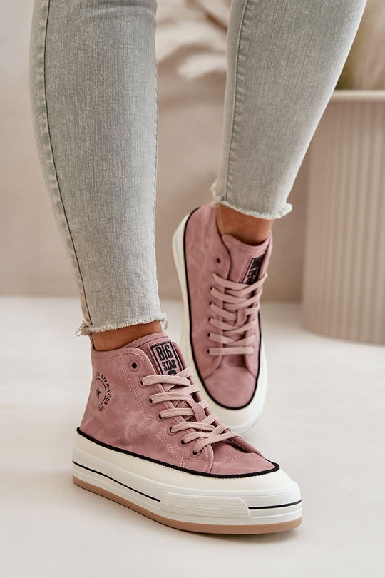 Pink suede high-top sneakers with lace-up front and white rubber sole.