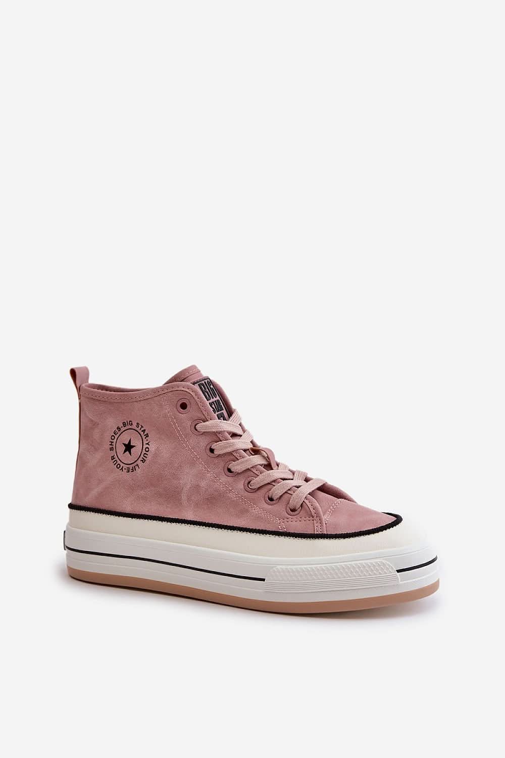 Pink suede high-top sneakers with “Big Star” patch and lace-up closure.