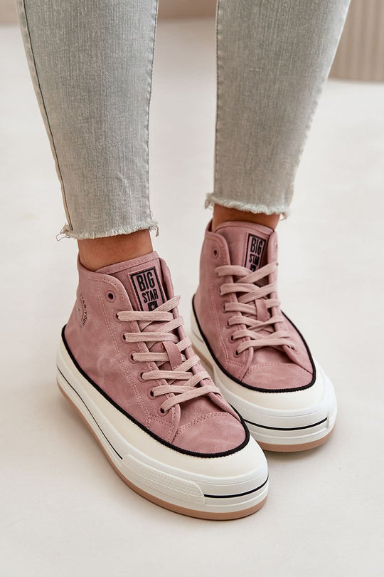 Pink suede lace-up high-top sneakers, black trim stripe, white platform sole.