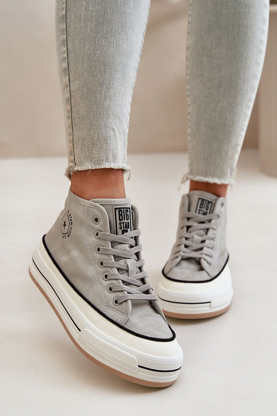 Gray suede high-top sneakers with lace-up closure and black trim around sole.