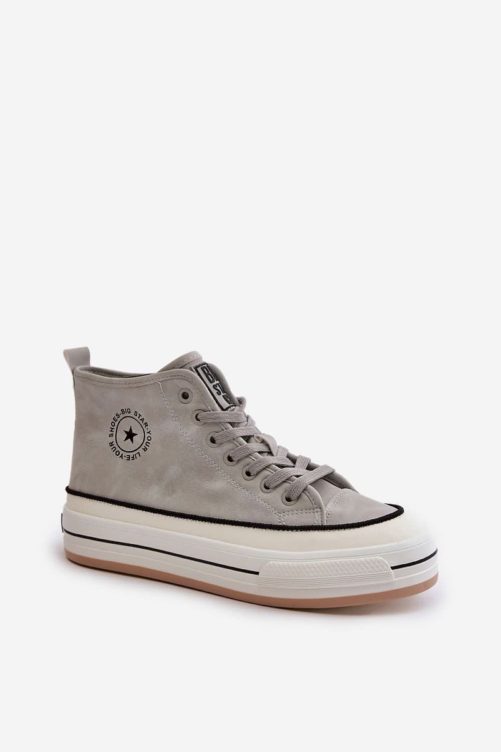 Light gray suede high-top sneakers with lace-up front and Big Star logo patch