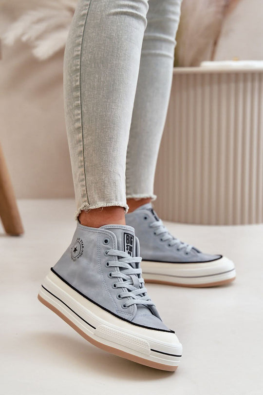 Light gray suede high-top sneakers side view with black trim and rubber sole