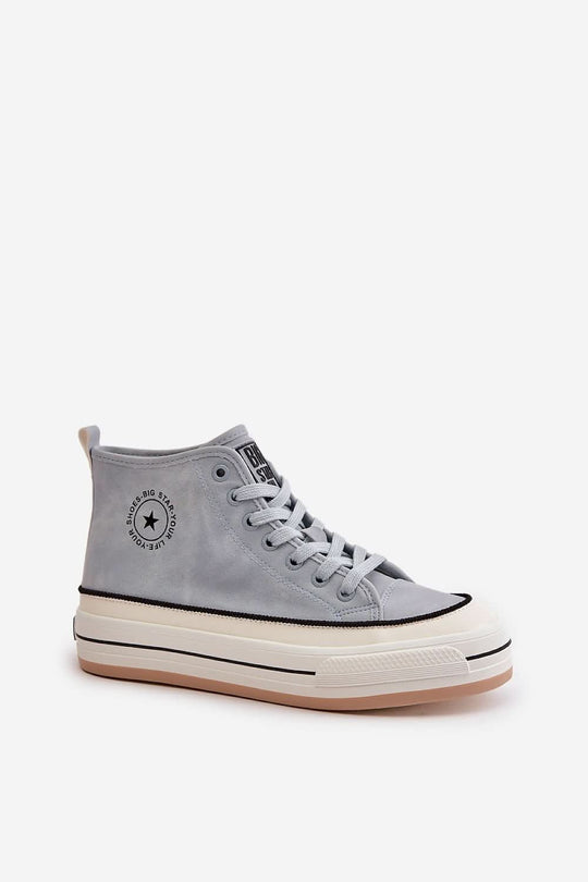 Light gray suede high-top sneaker, lace-up eyelets and logo patch on side