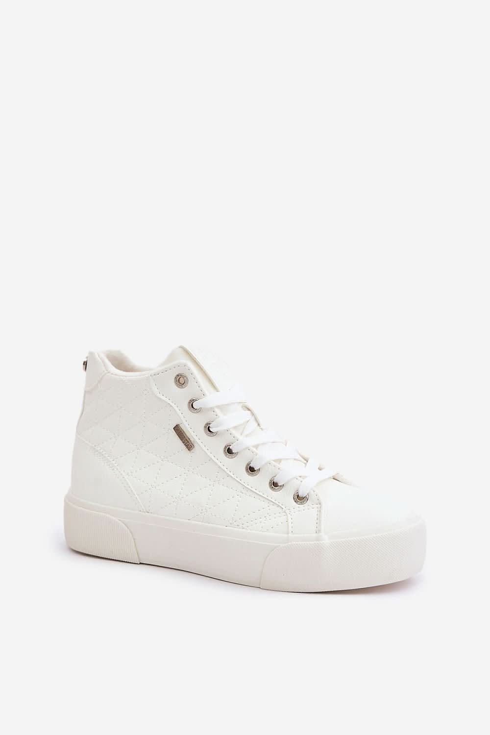 White high-top lace-up sneaker with quilted side and cushioned collar