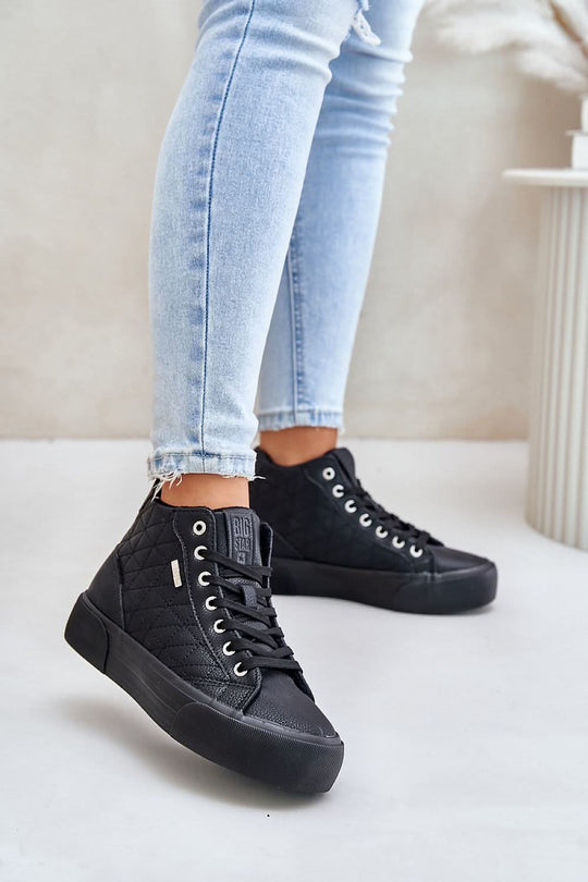 Black quilted high-top sneakers with lace-up front and thick white eyelet details