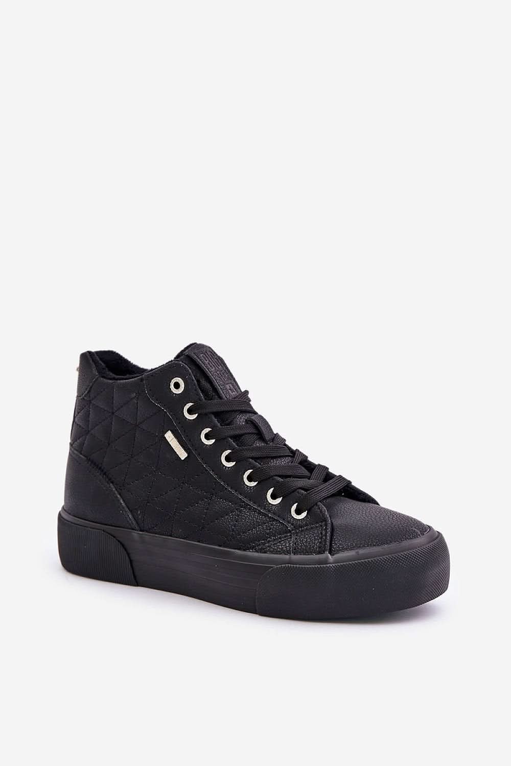 Black high-top sneaker, quilted uppers and lace-up with rubber platform sole