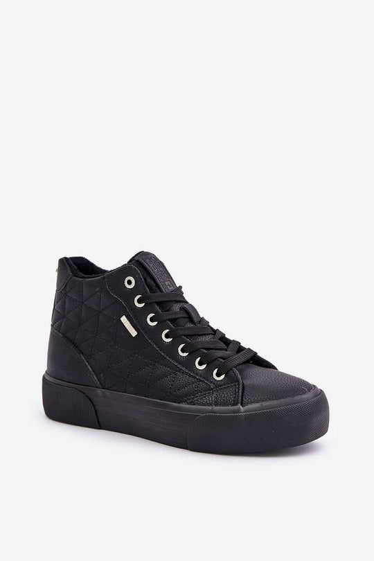 Black high-top sneaker, quilted uppers and lace-up with rubber platform sole