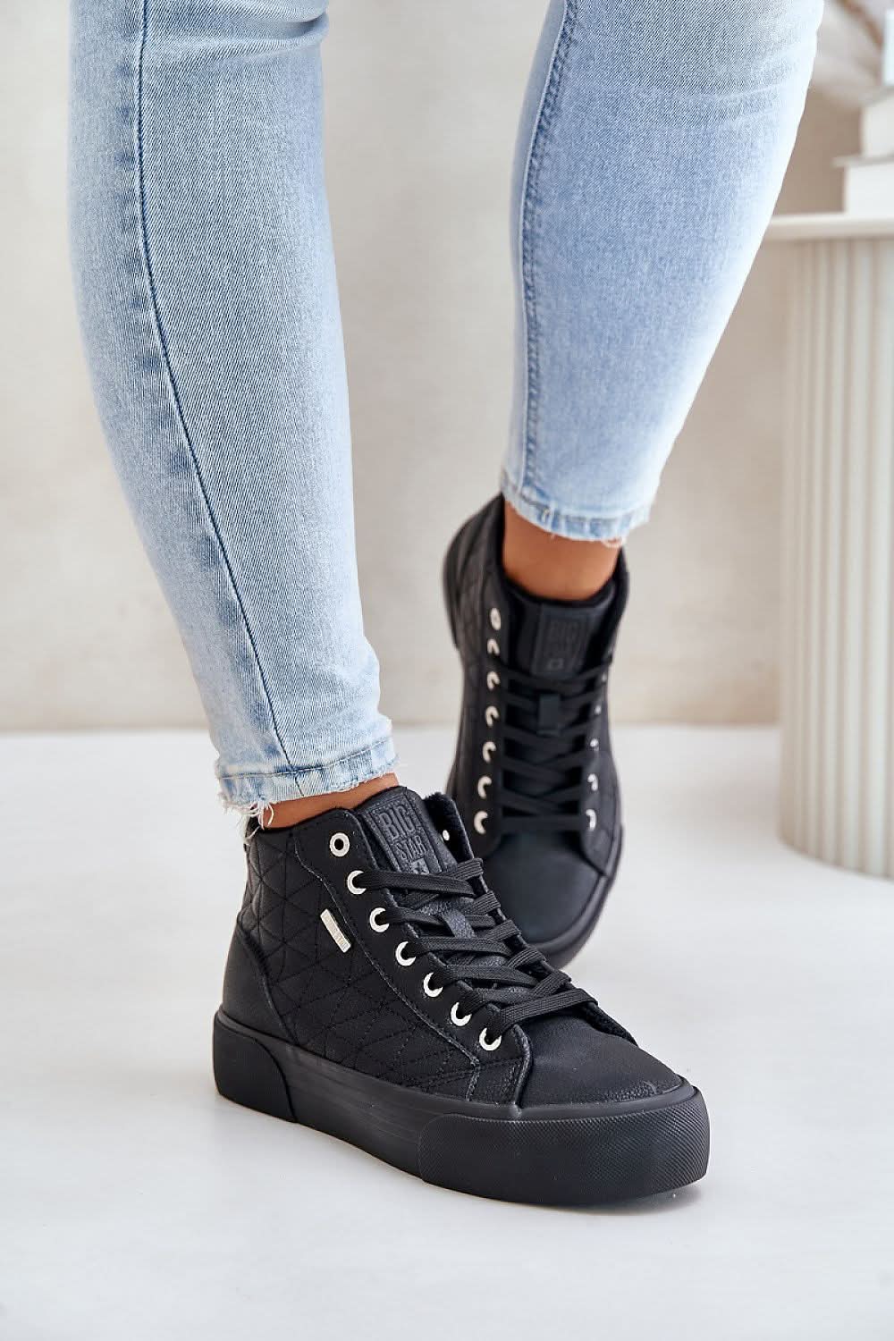 Big Star Eco Leather Sneakers, black high-top with quilted panels and lace-up closure