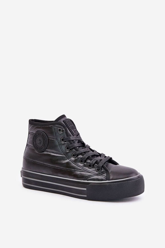 Black high-top platform sneakers with circular logo patch and striped midsole