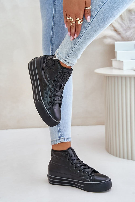 Black insulated platform sneakers with lace-up front and chunky sole