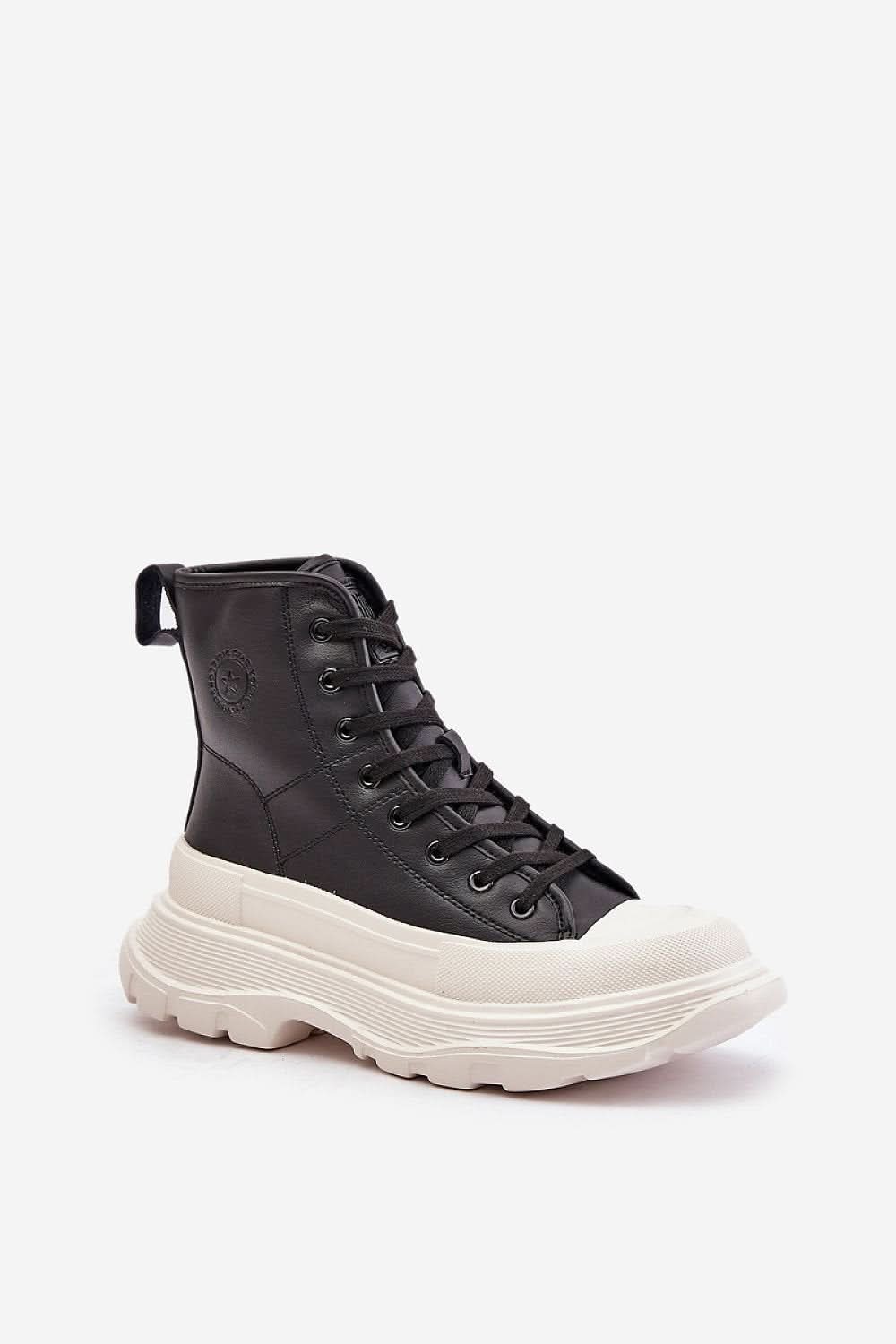 Black leather high-top sneakers with lace-up, side logo, thick white sole
