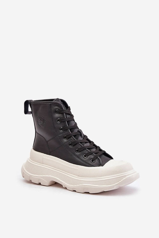Black leather high-top sneakers with lace-up, side logo, thick white sole