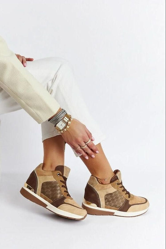Brown and tan Solea low-top sneakers, side view with lace-up and patterned strap