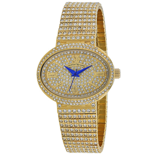 Gold-tone rhinestone watch with oval face, blue hands, and crown at 3 o’clock