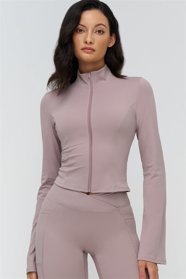 Mauve zip-front jacket and flared leggings set, front close-up