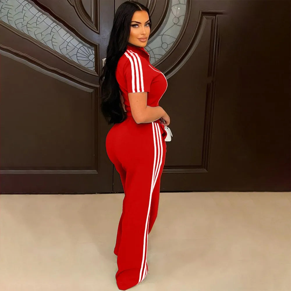 Rotes 2-teilges Set mit kurzem Reißverschluss-Hoodie und weiten langen Jogginghosen, Streifen