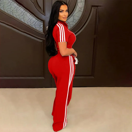 Rotes 2-teilges Set mit kurzem Reißverschluss-Hoodie und weiten langen Jogginghosen, Streifen