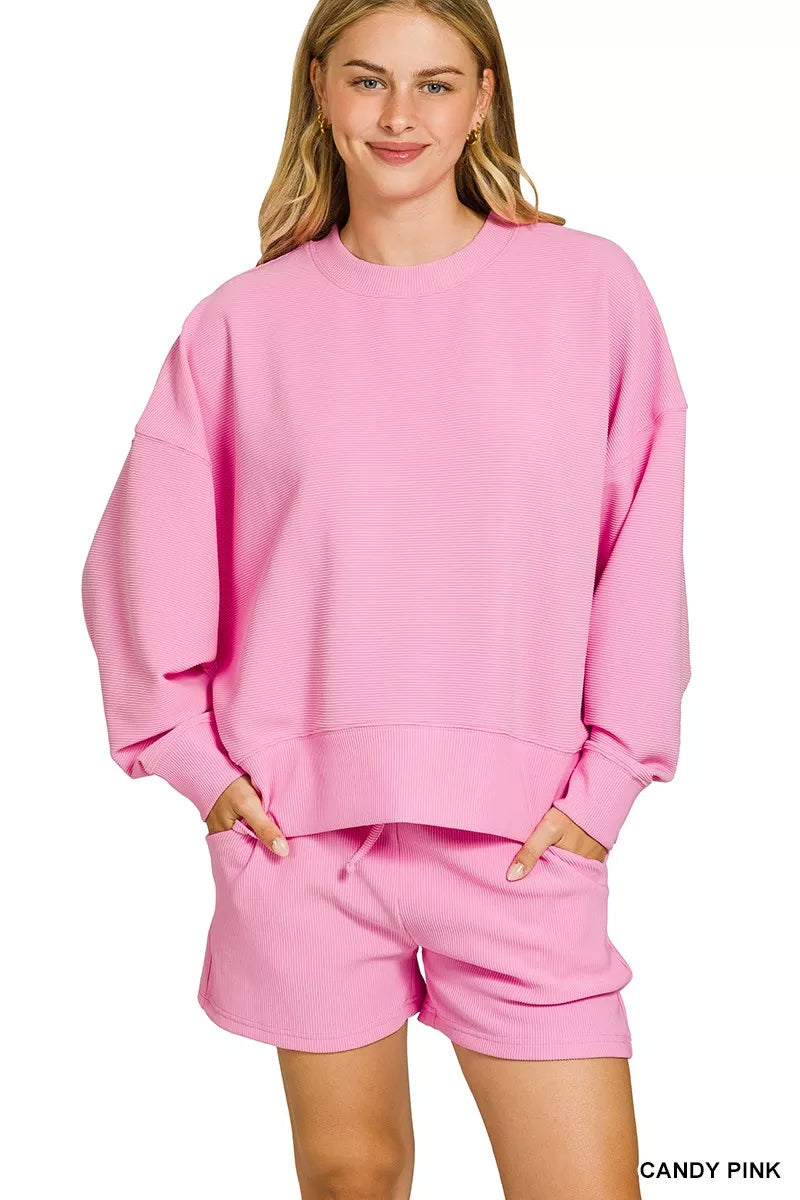 Candy pink ribbed round-neck pullover and shorts set, long sleeves