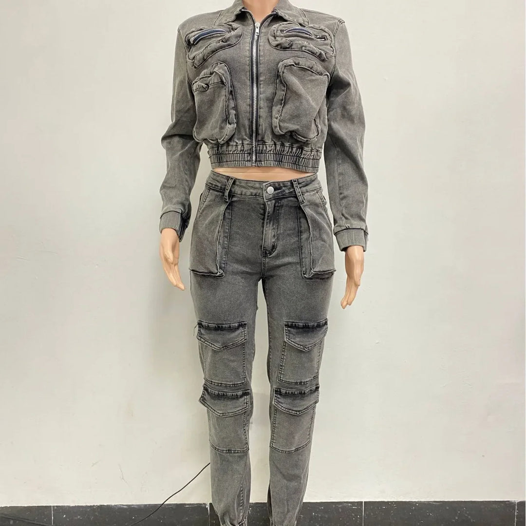 Dark gray zip denim jacket with chest pockets and cargo pants, front