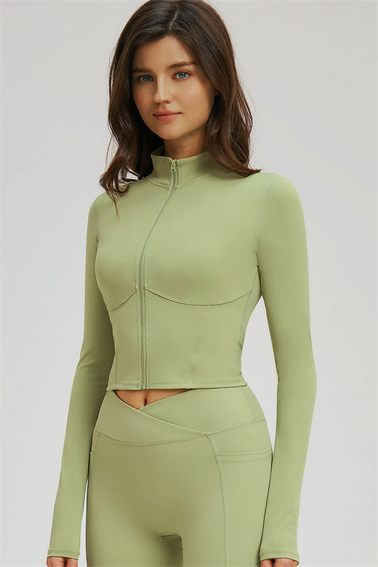 Olive green zip front cropped jacket with matching flared leggings set