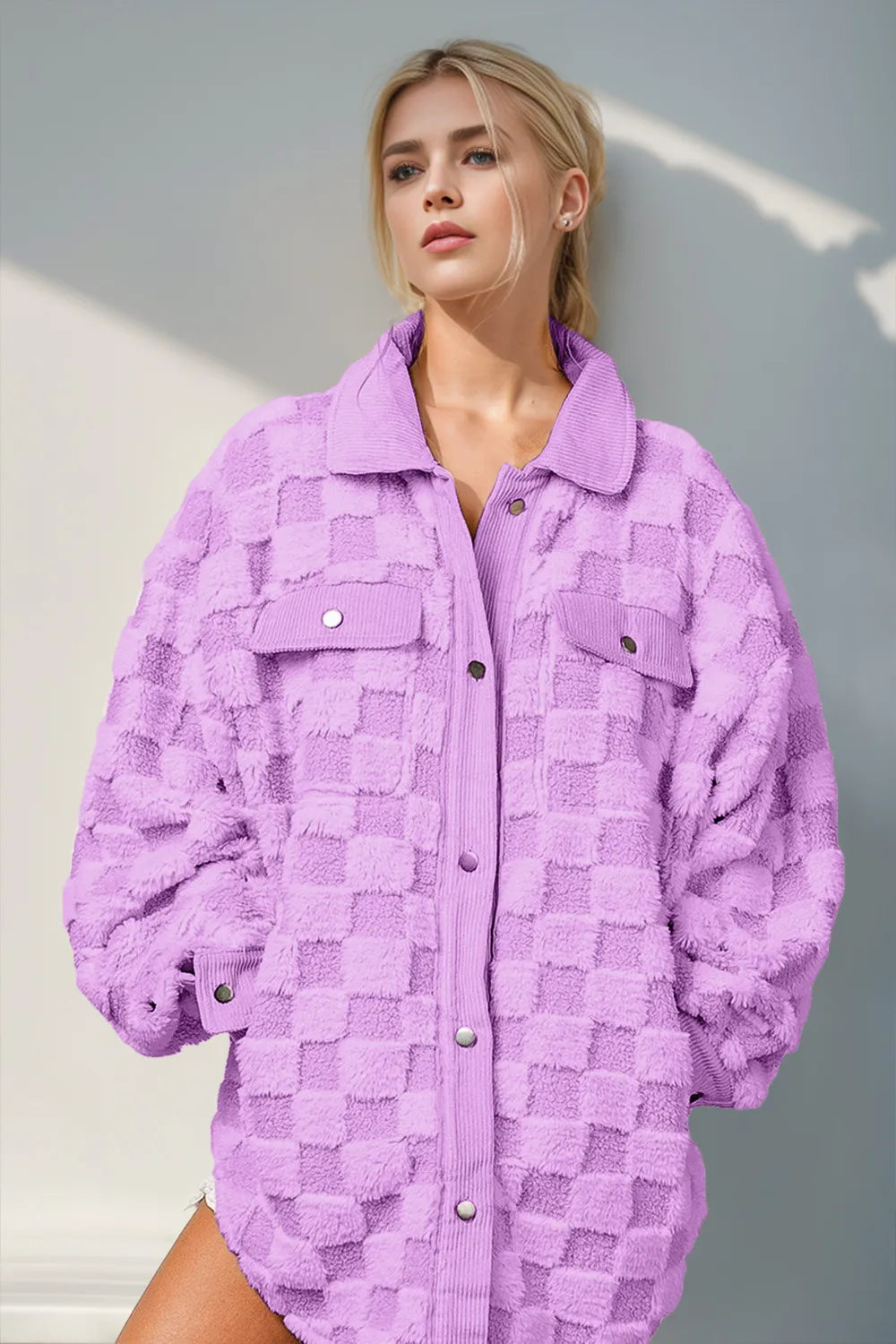 Lilac fuzzy checkered shacket: button-up, point collar, flap chest pockets