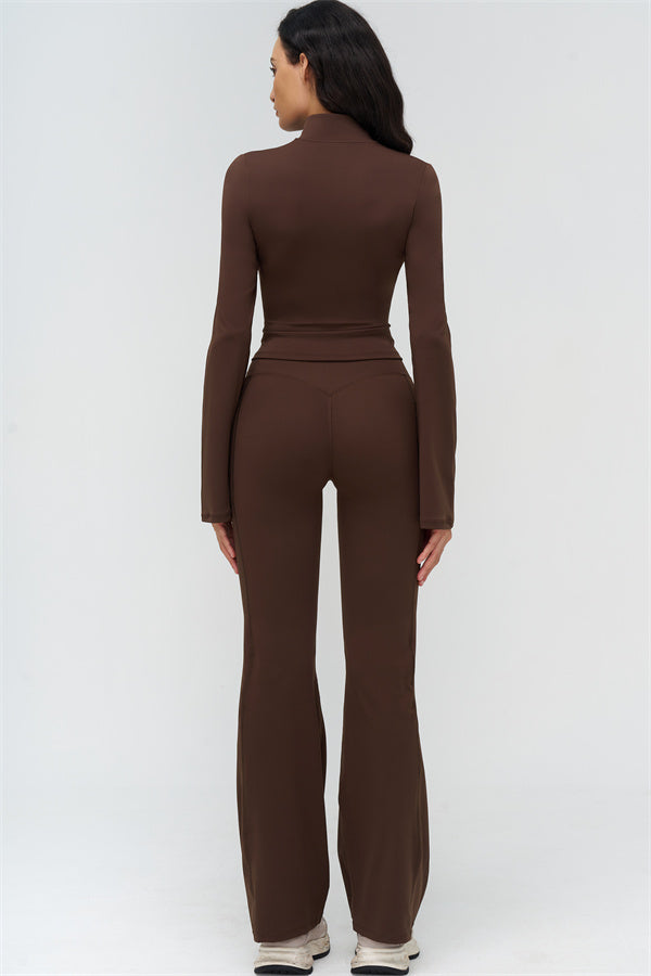 Bistre 2-piece set (back view): full-length zip jacket and flared leggings, brown
