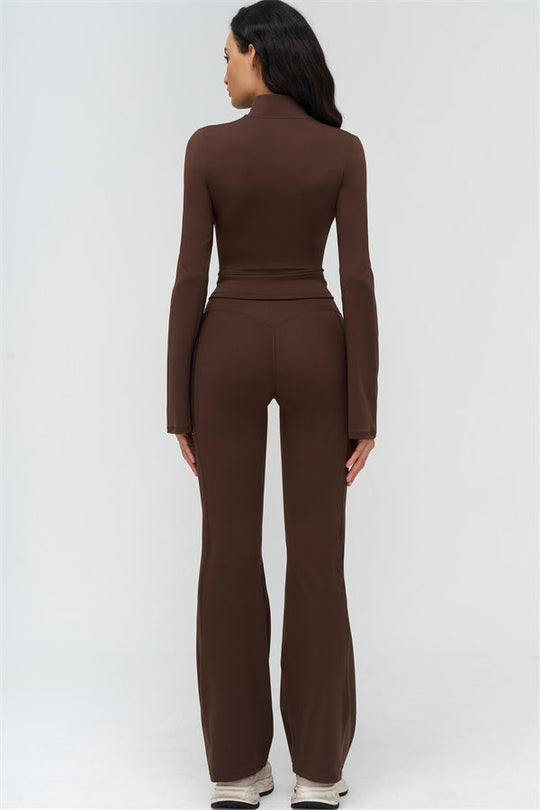 Bistre 2-piece set (back view): full-length zip jacket and flared leggings, brown