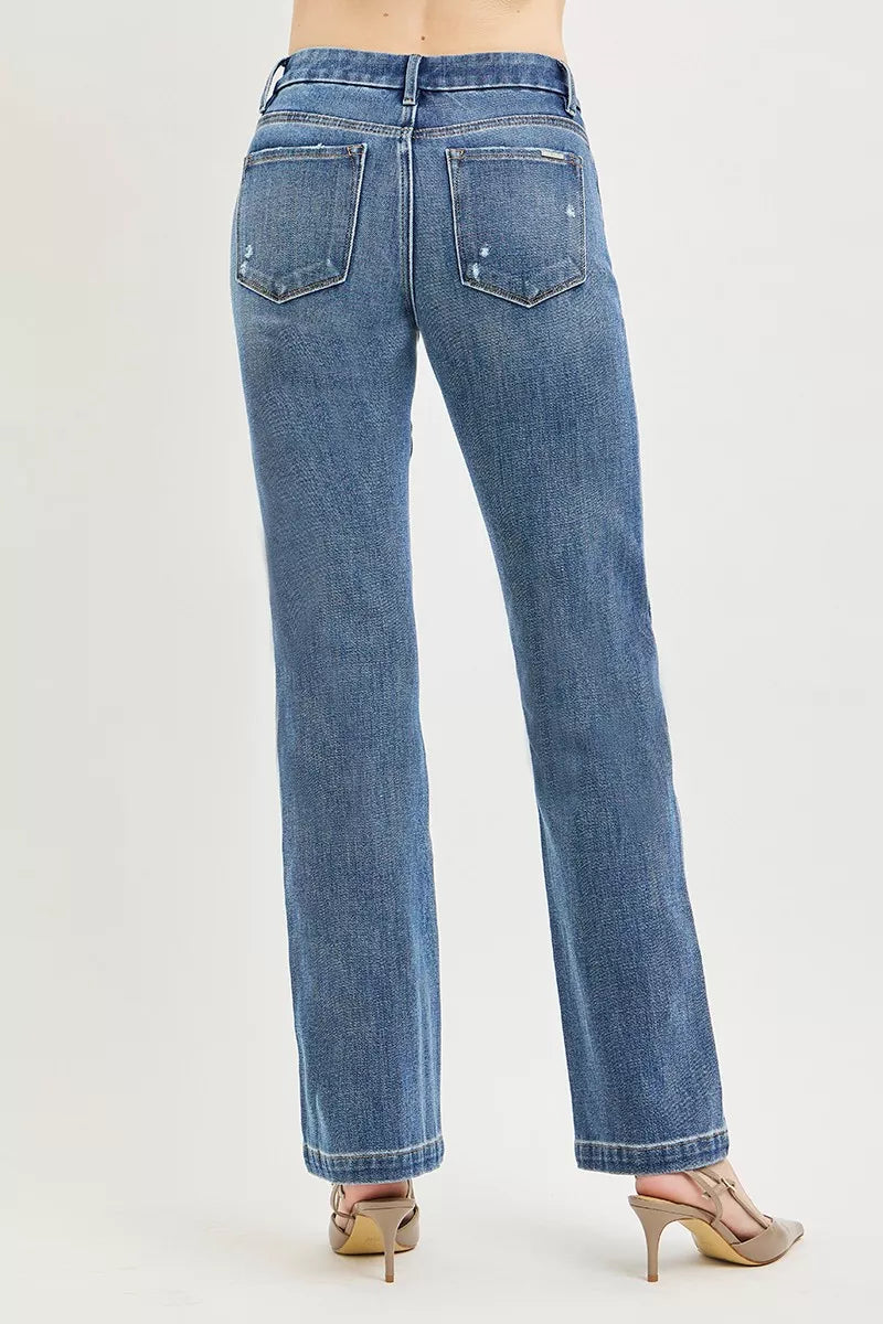 Medium wash straight jeans, back view with patch pockets and belt loops