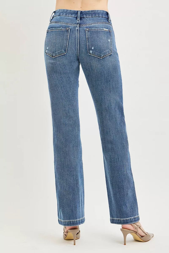 Medium wash straight jeans, back view with patch pockets and belt loops