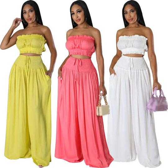 Purplish Diva 2-piece set bundle: lime, coral pink, and white smocked strapless maxi pants