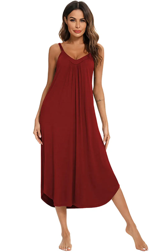 V-neck midi lounge dress in red, loose swing fit with gathered bodice and thin straps