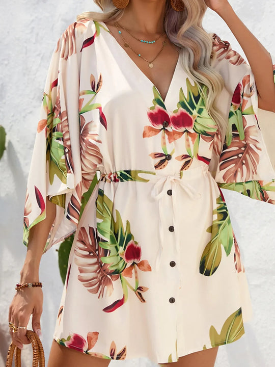 Floral print mini dress with drawstring waist and button front placket