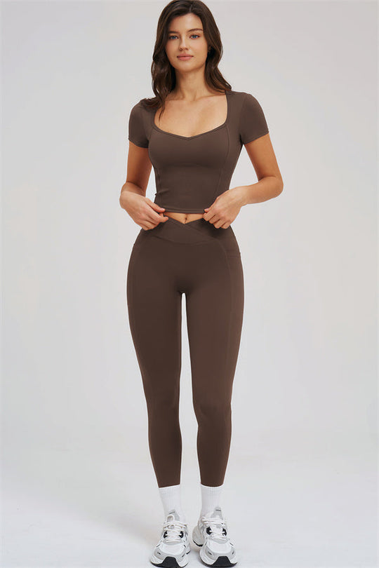 Burgundy crop T-shirt and matching high-waist leggings, full front view