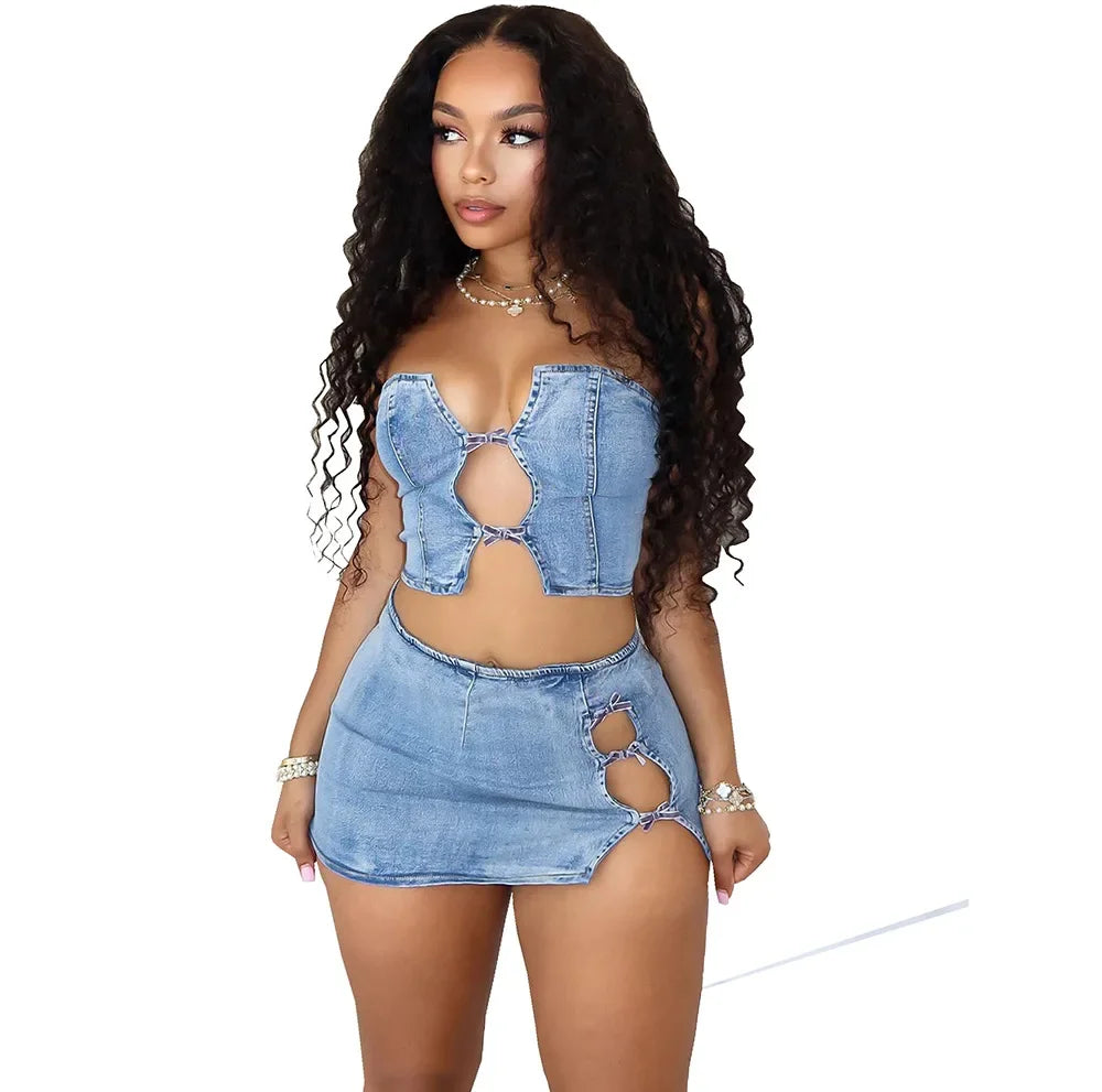 Blue denim strapless hollow-out crop top and mini skirt two-piece set