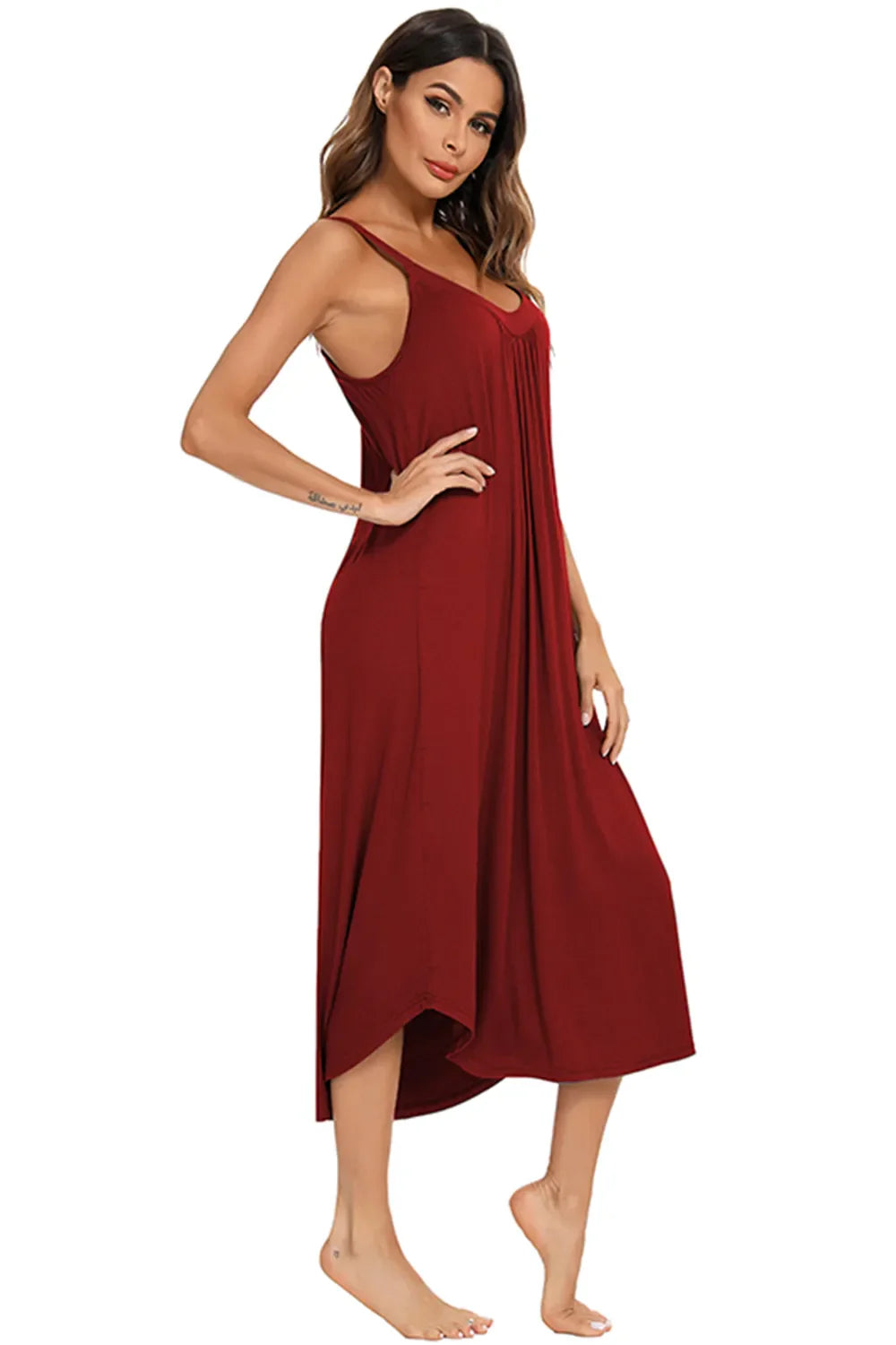 V-neck midi lounge dress in red, back-to-front drape with gathered neckline and midi hem