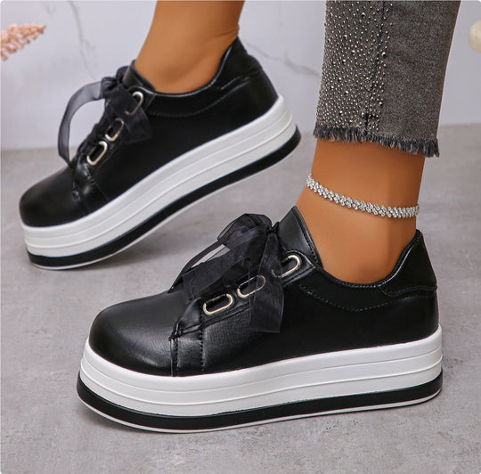 Black lace-up platform sneakers, round toe, tulle bow, thick white outsole