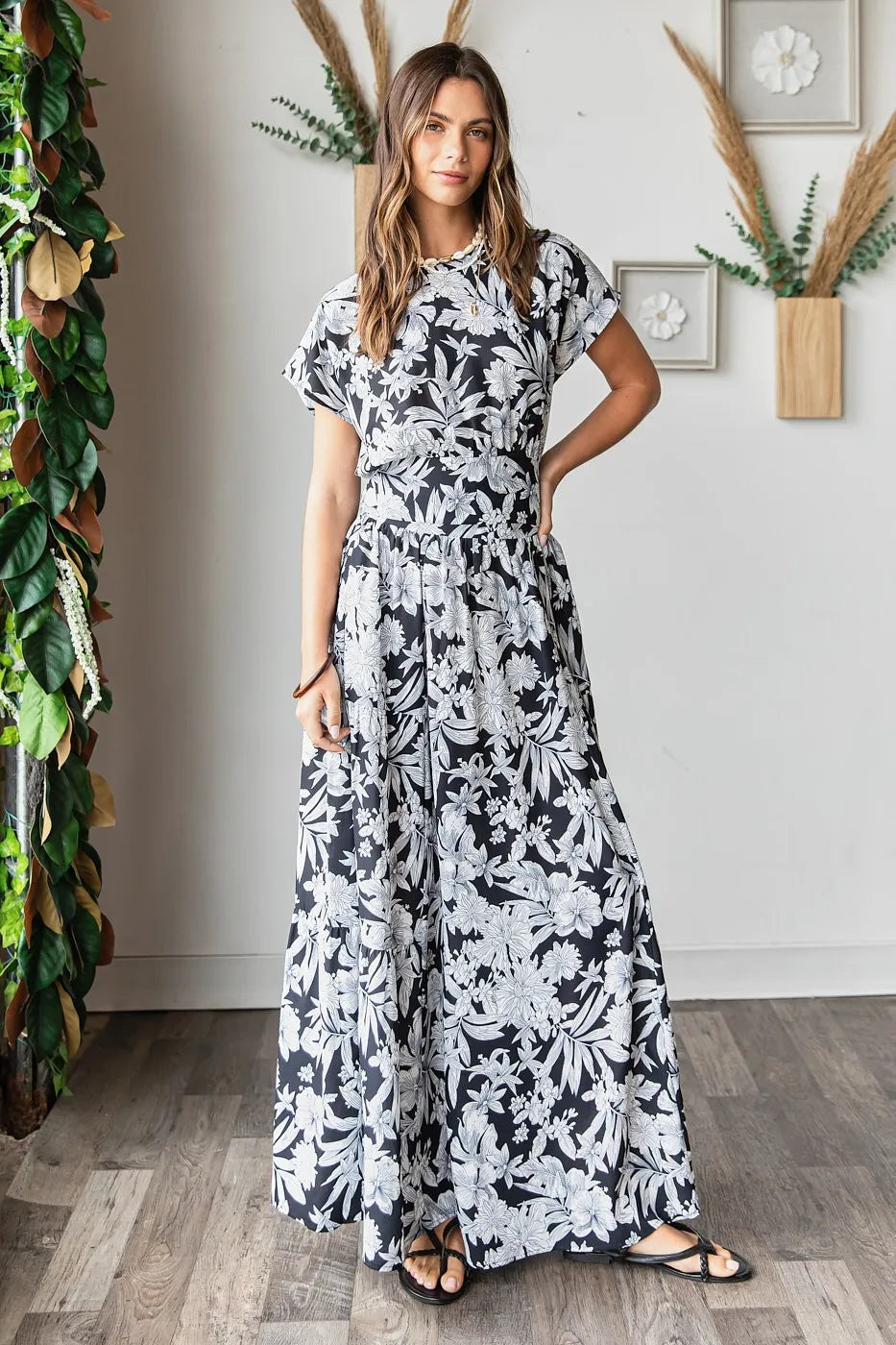 Black tropical print top and maxi skirt set, short sleeves and tiered skirt