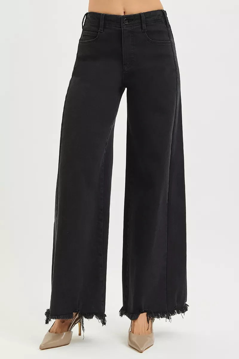 Black high-rise palazzo jeans, button/zip front, frayed ankle hem
