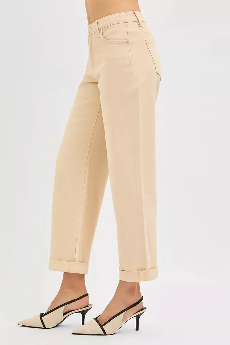 Butter milk relaxed barrel ankle jeans with rolled cuff and side seam stitching