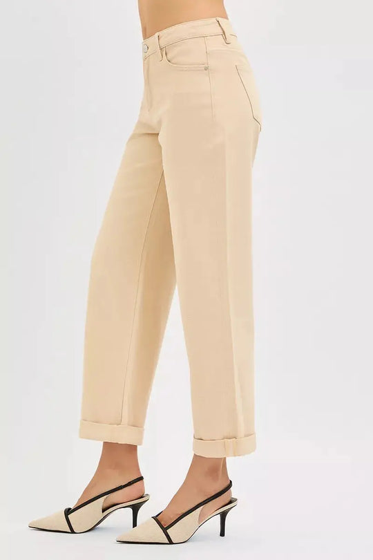 Butter milk relaxed barrel ankle jeans with rolled cuff and side seam stitching